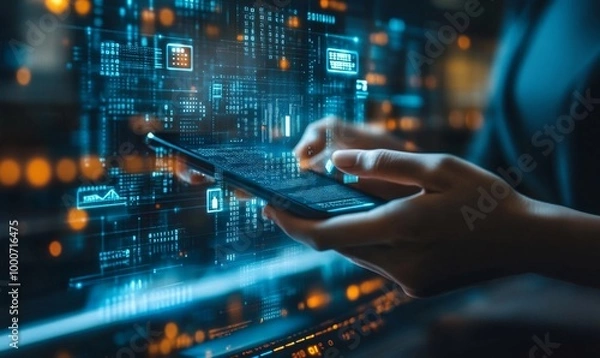 Obraz Futuristic mobile banking & digital financial services concept, person using smartphone holographic currency, banking, money transfer icons, integration of technology in modern fintech, Generative AI