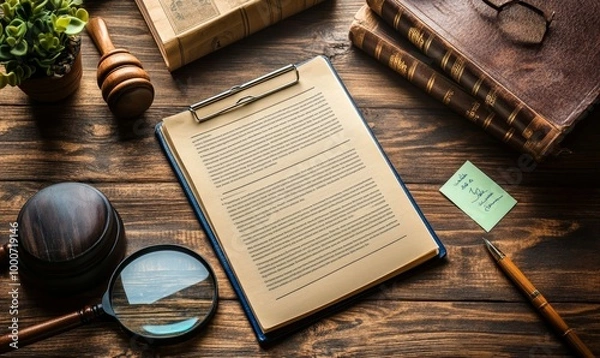 Obraz Detailed preparation for personal injury claims with notepad, pen, magnifying glass, and sticky note on a wooden desk highlighting legal documentation, Generative AI