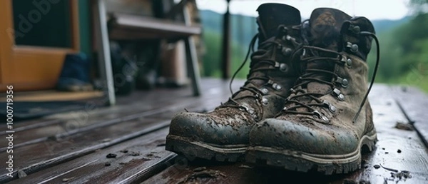 Fototapeta A close-up of muddy hiking boots on a wooden deck, suggesting outdoor adventure and the aftermath of a recent trek through nature.
