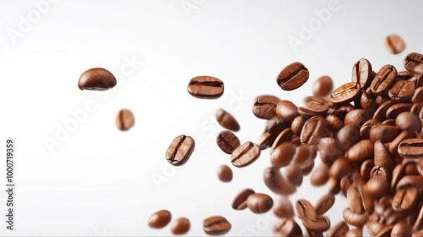 Fototapeta Selective focus , Coffee beans falling background. Black espresso coffee bean flying. Aromatic grain fall isolated on white. Represent  a breakfast for energy and freshness concept