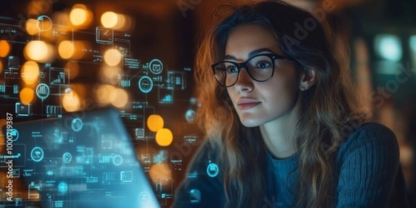 Fototapeta Education Professional Utilizing a Learning Management System (LMS) with Digital Icons for Course Development and Tracking, Generative AI
