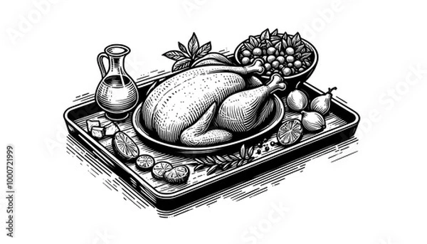 Fototapeta Line drawing, delicious roast chicken on the baking sheet