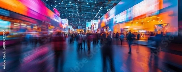 Fototapeta IT Convention Hustle: Long Exposure Captures Blurred Motion at Demo Booth, Generative AI