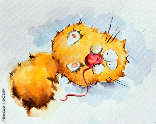 Obraz Funny lazy red cat playing with a ball of threads. Watercolor painting.