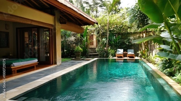 Fototapeta A serene Bali-style home with a private swimming pool, surrounded by a lush green garden and exotic tropical plants for a relaxing outdoor experience.