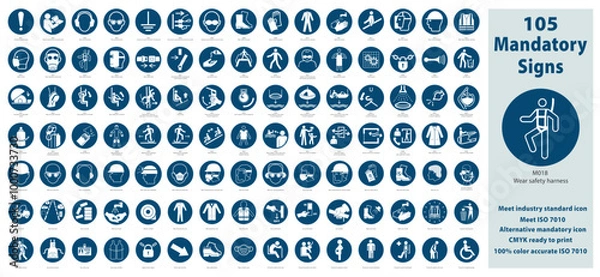 Fototapeta Set Illustration of Mandatory Safety Signs meet ISO 7010 Standards. Contain standards plus alternative icons, CMYK mode ready for printing. Maintain 100% color accuracy as per ISO 7010 guideline.