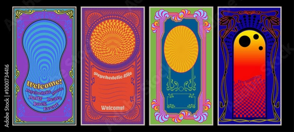 Obraz Psychedelic Poster Set, 1960s Hippie Music Style Colorful Placards, Vector Templates for Musical Posters, Covers, Invitations