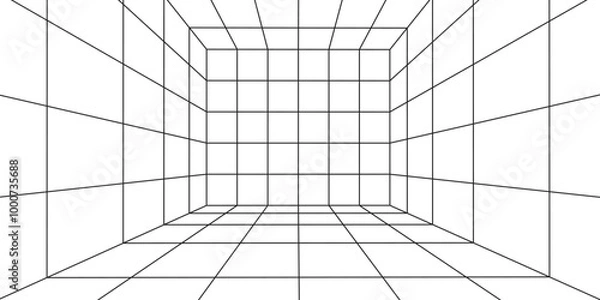 Fototapeta 3D wireframe room on white background. Abstract perspective grid. Vector illustration.