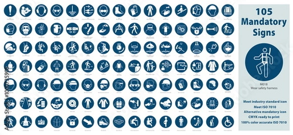 Fototapeta Set Illustration of Mandatory Safety Signs meet ISO 7010 Standards. Contain standards plus alternative icons, CMYK mode ready for printing. Estimated size 55 x 25 inches. Vector version available.