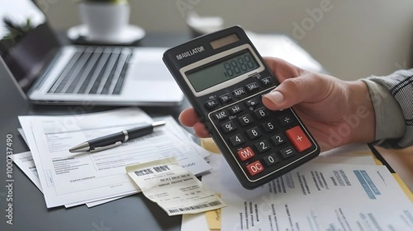 Fototapeta  accountant working on desk using calculator for calculate finance report in office 