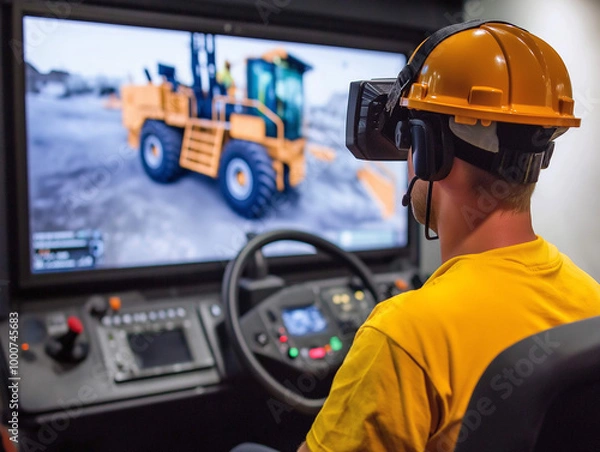 Obraz Construction worker using virtual reality simulator for equipment training