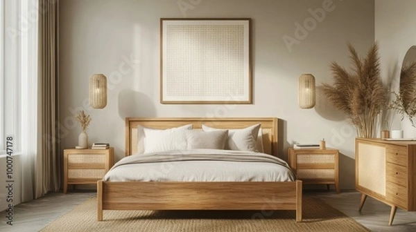 Fototapeta Mock up frame in a minimalist adult bedroom with sleek natural wooden furniture and clean lines, 3D render 