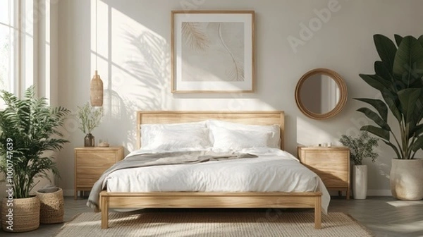 Fototapeta Mock up frame in a minimalist bedroom with clean lines and natural wooden bedframe, 3D render