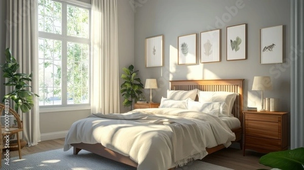 Fototapeta Mock up frame in a modern master bedroom featuring natural wooden bed and elegant decor, 3D render 