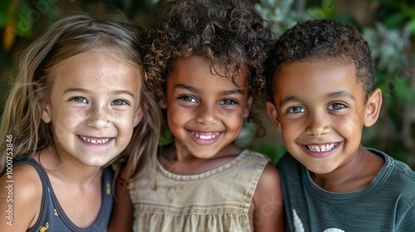 Fototapeta A warm portrait of three smiling children from varied backgrounds, natural lighting