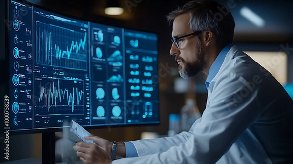 Fototapeta A man in a lab coat is looking at a computer monitor with graphs