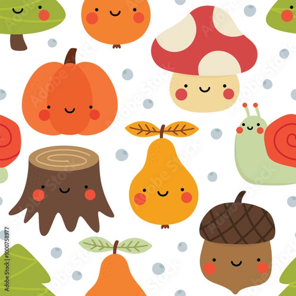Obraz kawaii face fruit and vegetable seamless pattern, background vector