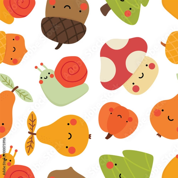 Obraz kawaii face fruit and vegetable seamless pattern, background vector