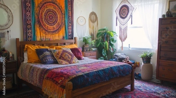 Fototapeta A colorful bedroom with a large tapestry on the wall