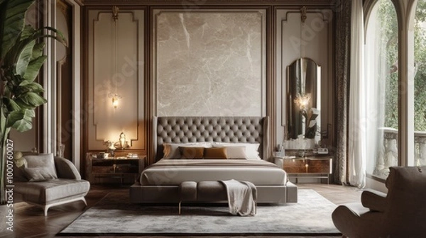 Fototapeta A bedroom with a large bed, a nightstand, and a mirror