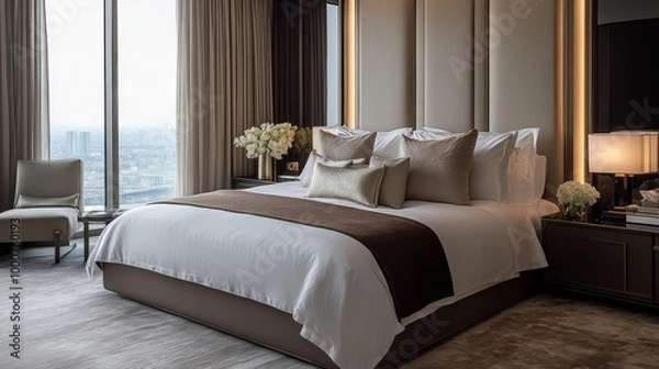 Obraz A large bed with a brown bedspread and pillows