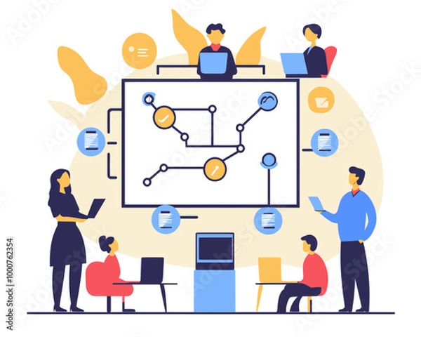 Fototapeta Flat Minimalist Business Process Workflow Diagram with Diverse Team Collaborating on Strategy and Solutions