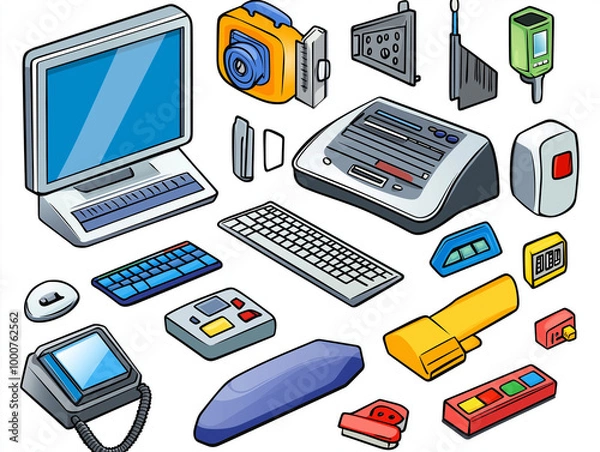 Fototapeta Collection of illustrated computer and electronic devices
