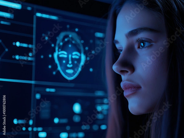 Fototapeta Woman analyzing biometric data on a digital interface