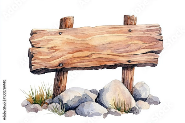 Fototapeta A rustic wooden sign stands on sturdy posts, surrounded by smooth stones and tufts of grass, evoking sense of nature and tranquility