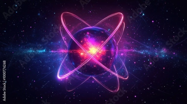 Fototapeta Abstract representation of an atom surrounded by glowing orbits in a cosmic space filled with vibrant colors and stars.