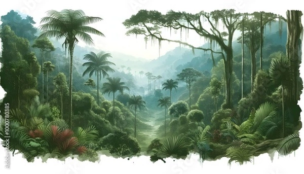Obraz Illustration of a dense tropical rainforest with towering trees and lush greenery