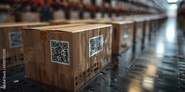 Fototapeta Boxes on Conveyor Belt in a Warehouse