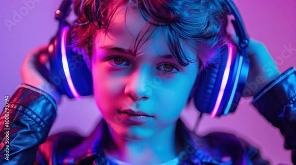 Obraz Teenager in Headphones with Neon Lights