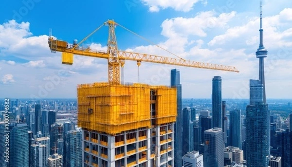 Fototapeta Construction site with a crane over a city skyline under a blue sky.