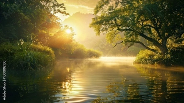 Fototapeta A serene river with mist rising from its surface, reflecting the golden light of sunrise 