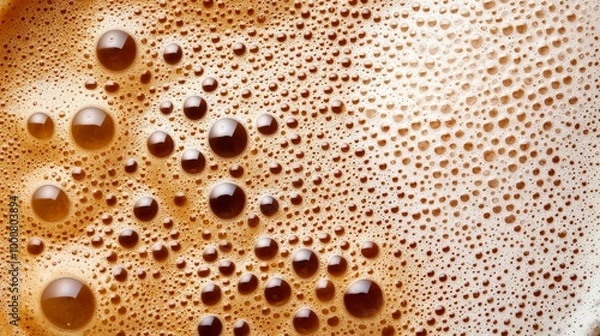 Fototapeta A close-up of cappuccino foam with microbubbles, highlighting the rich texture and inviting warmth of the drink