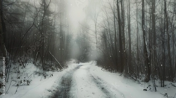 Fototapeta Softly blurred snow-covered path through a dense misty forest in gentle winter tones