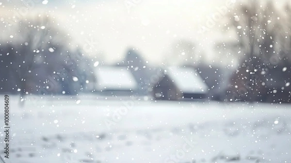 Fototapeta Blurred view of snow-covered countryside with distant farmhouse and soft snowfall