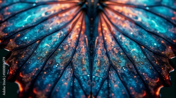 Fototapeta Close Up View of a Beautiful Butterfly Wing With Iridescent Colors and Delicate Textures

