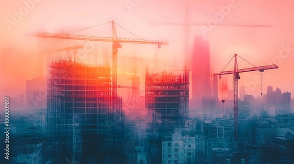 Fototapeta Double exposure of a city skyline with construction cranes at sunset.