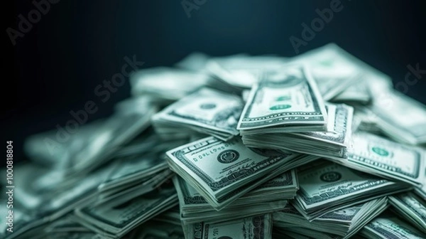 Fototapeta Pile of cash bills stacked against a dark background, conveying wealth and finance.