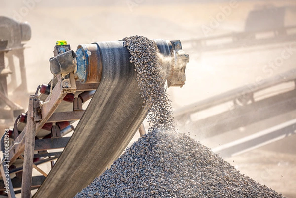Obraz Crushing stones in a quarry for processing minerals, cement, limestone. Distribution and Screening Plant Gravel. Vibrating screen stone crusher in operation.