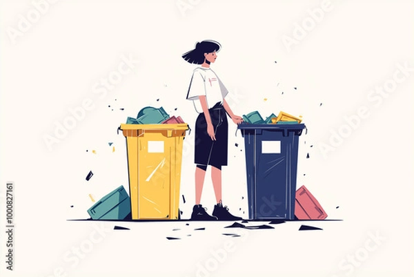 Fototapeta A minimalistic illustration focused on environmental preservation and recycling, featuring a person standing in front of recycling bins