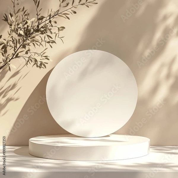 Fototapeta 3d render of white round podium for product presentation with olive branch shadow on the wall