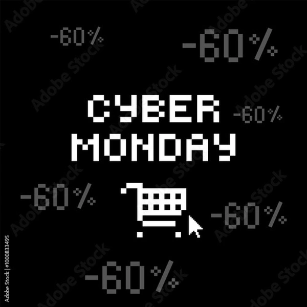 Fototapeta Cyber Monday, holiday, low prices and discounts. Vector image on a black background in pixel style