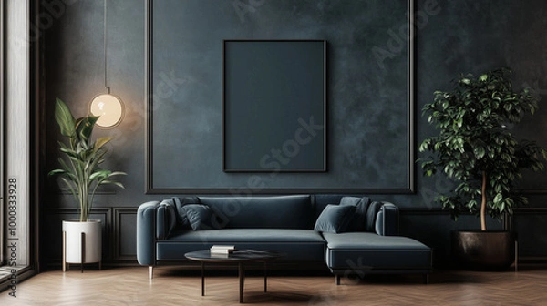 Fototapeta Beautiful Luxury Interior Mockup | Vertical Empty Poster Display in Modern Room | Elegant, Stylish Wall Decor Template for Design & Art Presentation