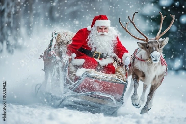 Obraz a santa claus with a beard and red costume rides on a sleigh in the snow with reindeer