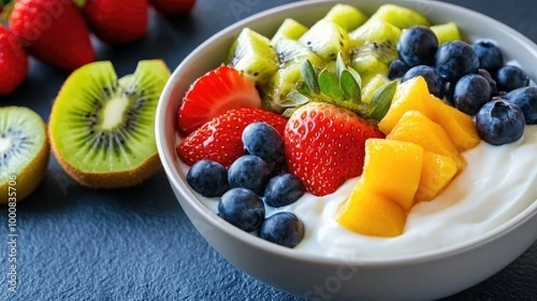Fototapeta A vibrant bowl of mixed fruits, including strawberries, blueberries, and kiwi, with a side of Greek yogurt, symbolizing a nutritious snack.