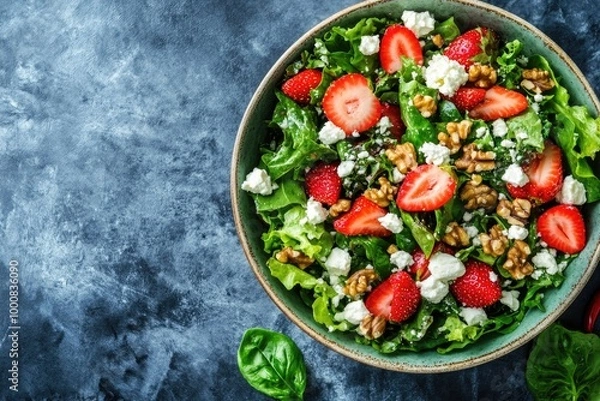 Fototapeta A vibrant salad made with leafy greens, strawberries, nuts, and feta cheese, served in a bowl, representing a healthy mix of nutrients.