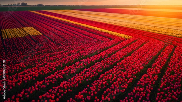 Fototapeta Colorful Tulips on the field of the Netherlands.Aerial view of bulb fields in springtime, located in Netherlands.